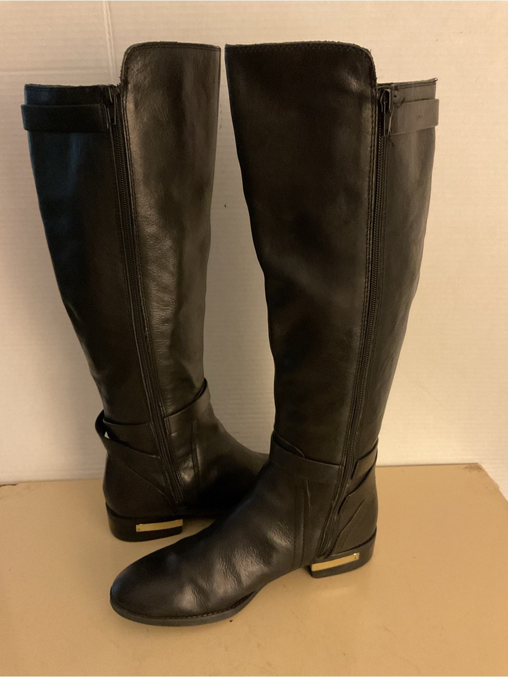 Vince Camuto Black Leather tall knee high riding boots with Gold Hardware US 9 - Picture 5 of 11